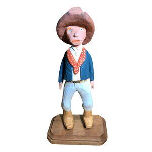 Cowboy Handcrafted Carved Wooden Figurine With Hat & Red Bandana Western Primiti